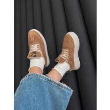 Dicle Polat Kadın Sneaker Taba Süet Yüksek Taban Bağcıklı Spor Ayakkabı Leopar Desenli Azin