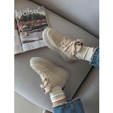 Dicle Polat Kadın Sneaker Bej Yüksek Taban Bağcıklı Spor Ayakkabı Leopar Desenli Azin