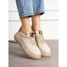 Dicle Polat Kadın Sneaker Bej Yüksek Taban Bağcıklı Spor Ayakkabı Leopar Desenli Azin