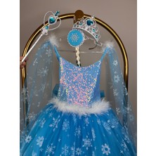 Ayliz Kostüm Evi Kız Çocuk Mavi Elsa Frozen Kostüm, Karlar Kraliçesi Doğum Günü Konsepti, Asa Set Hediyeli