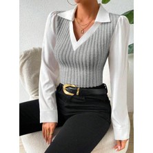 Moda Monisa Şık ve Modern Tasarım Bluz – V Yaka Gömlek Detaylı Kaşkorse