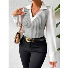 Moda Monisa Şık ve Modern Tasarım Bluz – V Yaka Gömlek Detaylı Kaşkorse
