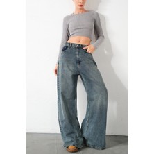 Ekstra  Yüksek Bel %100 Pamuk Lastikli Loose Fit Geniş Paça Jean Kadın Kot Pantolon
