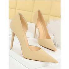 Trendy Anka Kadın Nude Bej Ten Süet 8cm Ince Şeffaf Kapak Topuklu Stiletto Ayakkabı
