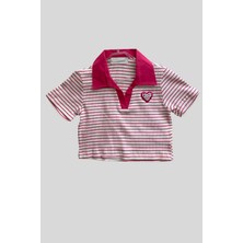 8-14 Yaş Polo Yaka Çizgili Crop Fuşya