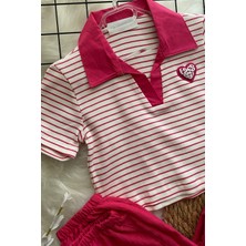 8-14 Yaş Polo Yaka Çizgili Crop Fuşya