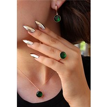 Yeşil Zirkon Taşlı Yuvarlak Gümüş Yüzük Küpe Kolye Takım