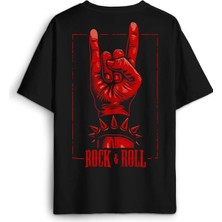 Rock'n Roll Music Işareti Rock Metal Müzik Sırt Ön Baskılı Oversize Tişört Unisex T-Shirt