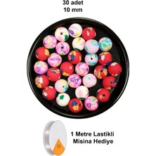 30 Adet 10 mm Polimer Kil Fimo Boncuk Takı Bileklik + 1 Metre Lastikli Misina Hediye - Desenli Yuvarlak