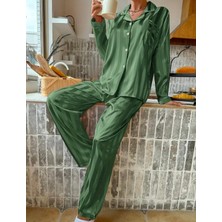 Alivions Çizgili Düğmeli 2 Parça Kadın Pijama Takımı Yeşil