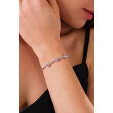 Ricco Jewellery 14 K White Gold Kaplama 925 Ayar Gümüş Pembe Kuvars Kalp Bileklik