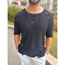 Yırtık Detaylı Tişört Lazer Kesim Tshirt Oversize Salaş Bisiklet Yaka Tişört
