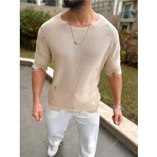Yırtık Detaylı Tişört Lazer Kesim Tshirt Oversize Salaş Bisiklet Yaka Tişört
