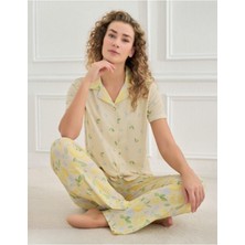 Mihra Sarı Limon Desenli Önden Düğmeli Kısa Kol Kadın Pijama