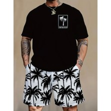 Amor Man Büyük Beden Özel Tasarım Minimal Palmiyeler Baskılı Modern Battal Erkek T-Shırt Şort Takımı