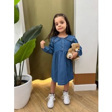 Kız Çocuk Fırfırlı Bebe Yaka Düğme Detaylı Pamuklu Mevsimlik Oversize Kesim Denim Elbise