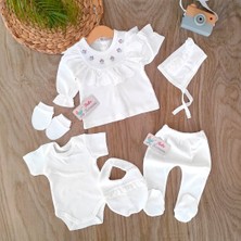 Bebekervanı Kız Bebek %100 Pamuklu Dantelli Kaneviçe Işlemeli Hastane Çıkışı Zıbın Takımı BBK1023