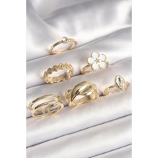Ezo Concept Pirinç Gold Renk Beyaz Çiçek Figür Zirkon Taşlı Kadın 6'lı Kadın Yüzük Seti