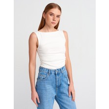 Dilvin 31589 Büzgülü Kayık Yaka Top-Ekru