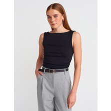 Dilvin 31589 Büzgülü Kayık Yaka Top-Siyah