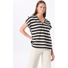 Fabrika Comfort V Yaka Çizgili Siyah - Ekru Kadın T-Shirt FC5SL-TST0214