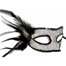ENG Siyah Renk Yandan Tüylü Pul Payet Işlemeli Parti Maskesi 23 x 12  cm