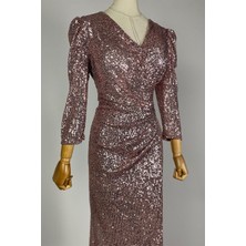 Ges Moda G0424 Drape Detaylı Kruvaze Yaka Payet Elbise Rose