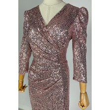 Ges Moda G0424 Drape Detaylı Kruvaze Yaka Payet Elbise Rose