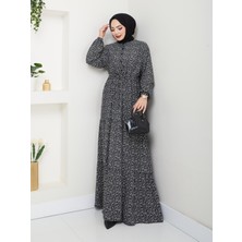 Düğme Detaylı Çiçekli Viskon Elbise - Siyah / E0123