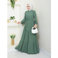 Düğme Detaylı Çiçekli Viskon Elbise - Haki / E0123