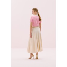 Kare Yaka Beli Kemerli Triko Bluz Pembe- Ekru Y2571003_386
