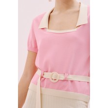 Kare Yaka Beli Kemerli Triko Bluz Pembe- Ekru Y2571003_386