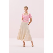 Kare Yaka Beli Kemerli Triko Bluz Pembe- Ekru Y2571003_386