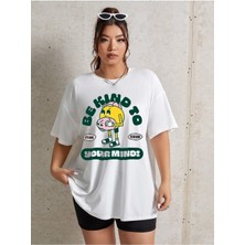 Woodroffe Kind To Baskılı Kadın / Kız Oversize Beyaz Salaş T-Shirt Boyfriend