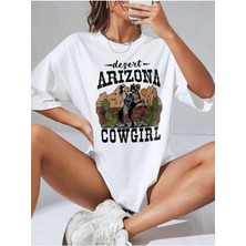 Woodroffe Kadın / Kız Beyaz Oversize T-Shirt Cow Gril Baskılı