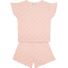 Antebies Organik Pembe Kurdele Jakarlı Fırfırlı Kısa Kollu Şortlu Kız Çocuk Pijama Takımı