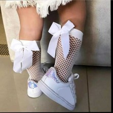 Nnstartshopping  Beyaz Fileli Diz Altı Fiyonklu Kız Çocuk Çorap