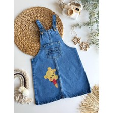Kız Çocuk Kot Kumaş Winnie The Pooh Baskılı Ayarlanabilir Askı Cepli Salopet Denim Jile Elbise