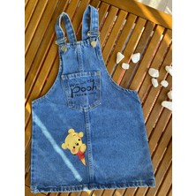 Kız Çocuk Kot Kumaş Winnie The Pooh Baskılı Ayarlanabilir Askı Cepli Salopet Denim Jile Elbise