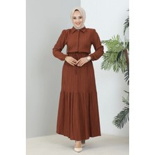 Lara Kumaş Yarım Düğmeli Kadın Elbise - Kahverengi / E0121