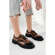 Marshetta Shoes Leopatra Model Leopar Desenli Siyah Rugan Kadın Günlük Oxford Bağcıklı Ayakkabı