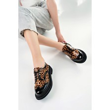 Marshetta Shoes Leopatra Model Leopar Desenli Siyah Rugan Kadın Günlük Oxford Bağcıklı Ayakkabı