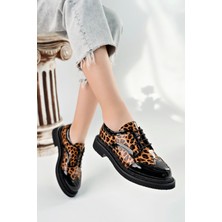 Marshetta Shoes Leopatra Model Leopar Desenli Siyah Rugan Kadın Günlük Oxford Bağcıklı Ayakkabı