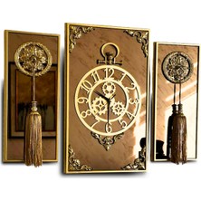 byMelekoğlu Casablanca 3 Lü Gold Aynalı Çerçeveli Püsküllü Duvar Saati Takımı, Wall Clock Hediye Ags001 38gmb
