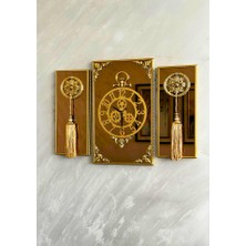 byMelekoğlu Casablanca 3 Lü Gold Aynalı Çerçeveli Püsküllü Duvar Saati Takımı, Wall Clock Hediye Ags001 38gmb