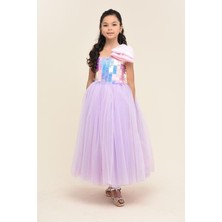 Kız Çocuk Askılı Tek Omuz Kurdele Detaylı Uzun Payetli Tüllü Abiye 6-10 Yaş