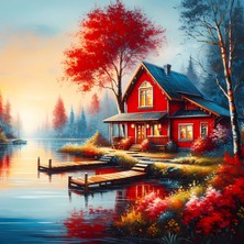 Aden Dekoratif Güzel Manzara ve Kırmızı Ev Kanvas Tablo