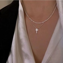 Takıconcept Gümüş Renk Taşlı Iki Sıra Zincir Haç Sallantılı Çoklu Kolye Kadın Kolye