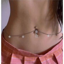 Takıconcept Yıldız Detaylı Taşlı Göbek Piercing Bel Zinciri Gümüş Renkli Kadın Vücut Aksesuarı