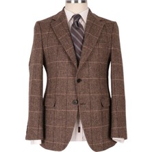 Blu Klasik Ceket Erkekler İçin %100 Yün Dokuma Kahverengi Mono Yaka Regular Kalıp